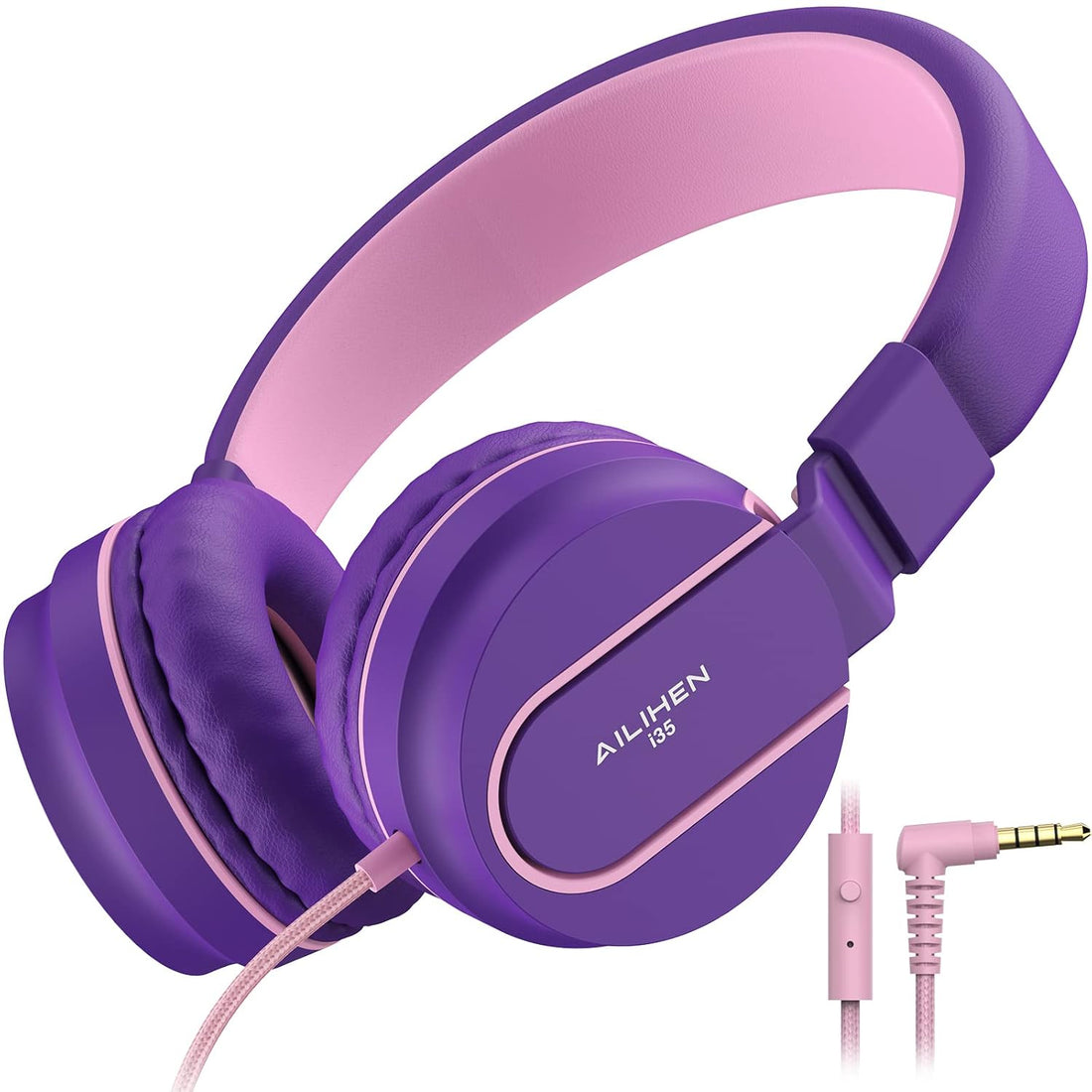 AILIHEN I35 Headphones with Microphone Lightweight Foldable Portable Wired Headsets for Cellphones Tablets Smartphones Laptop (Pink Purple)