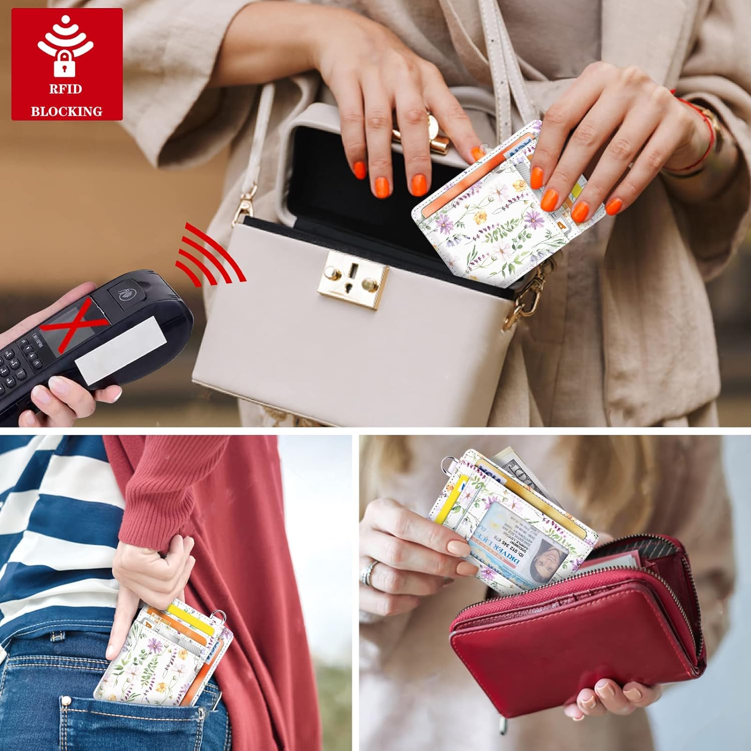 Slim Front Pocket Wallet RFID ID Card Holder Cute Small Wallet with Keychian for Women, White Daisy, Slim