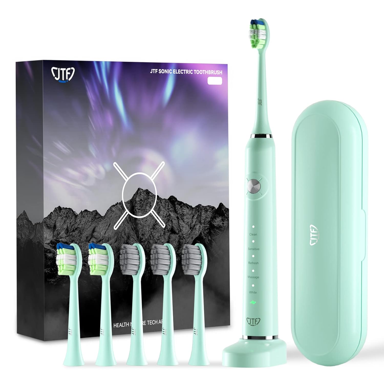 JTF Electric Toothbrush Set with 6 Brush Heads & Travel Case, Long-Life Battery Charging 12 Hours for 60 Days Use, 5 Modes with Smart Timer, Sonic Electronic Toothbrush for Teens & Adults, Green