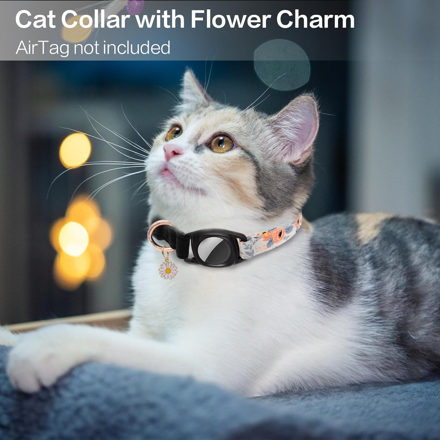 HSIGIO Airtag Cat Collar, GPS Cat Collar with Apple Air Tag Holder and Flower Charm, Floral Cat Tracker Collar in 0.6 Inches Width for Girl Boy Cats, Kittens and Puppies(Orange Flower, 7.4-9inch)