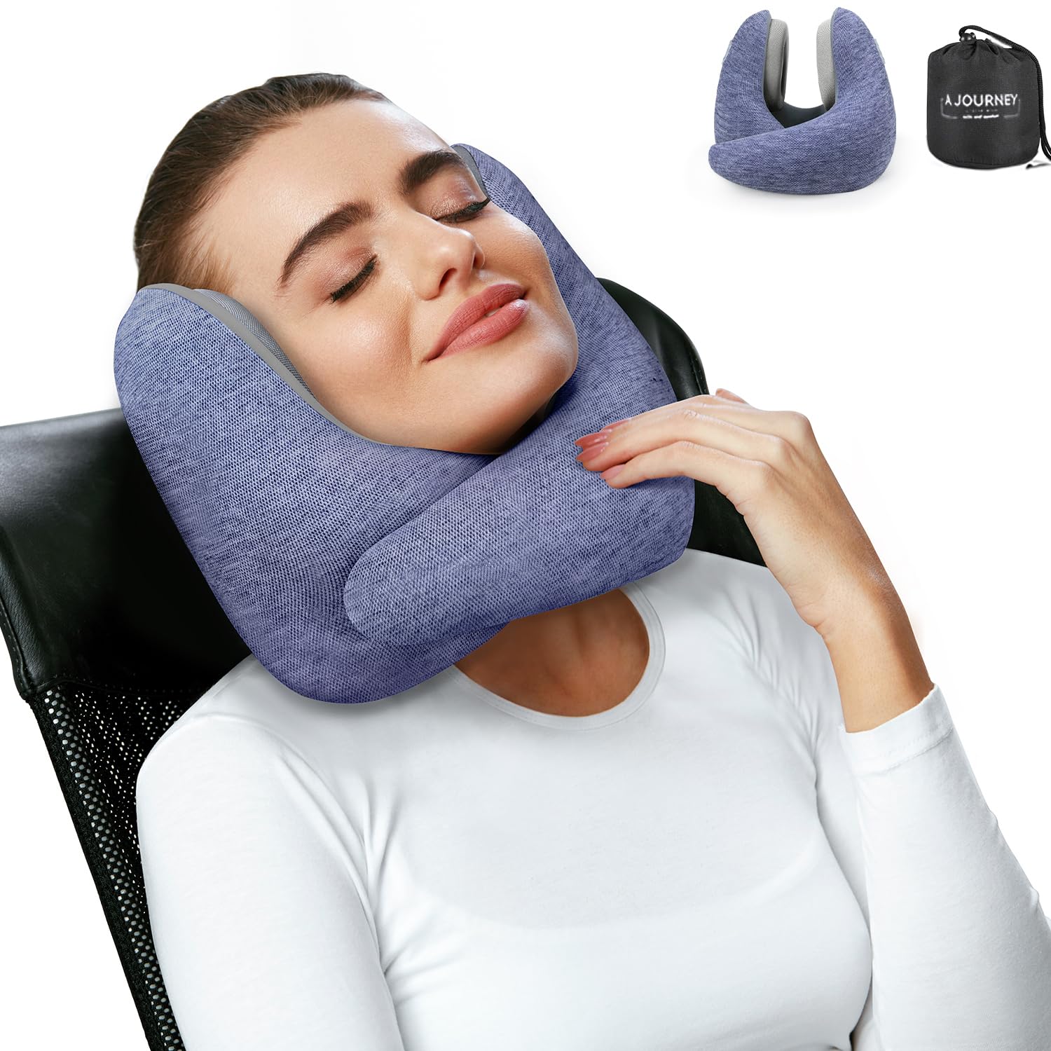 SOUTHVO Travel Pillow Noise Cancelling for Neck Support, 100% Pure Memory Foam Neck Pillow with Noise Cancelling Earmuffs for Traveling, Removable Washable Cover (L, deep Blue)