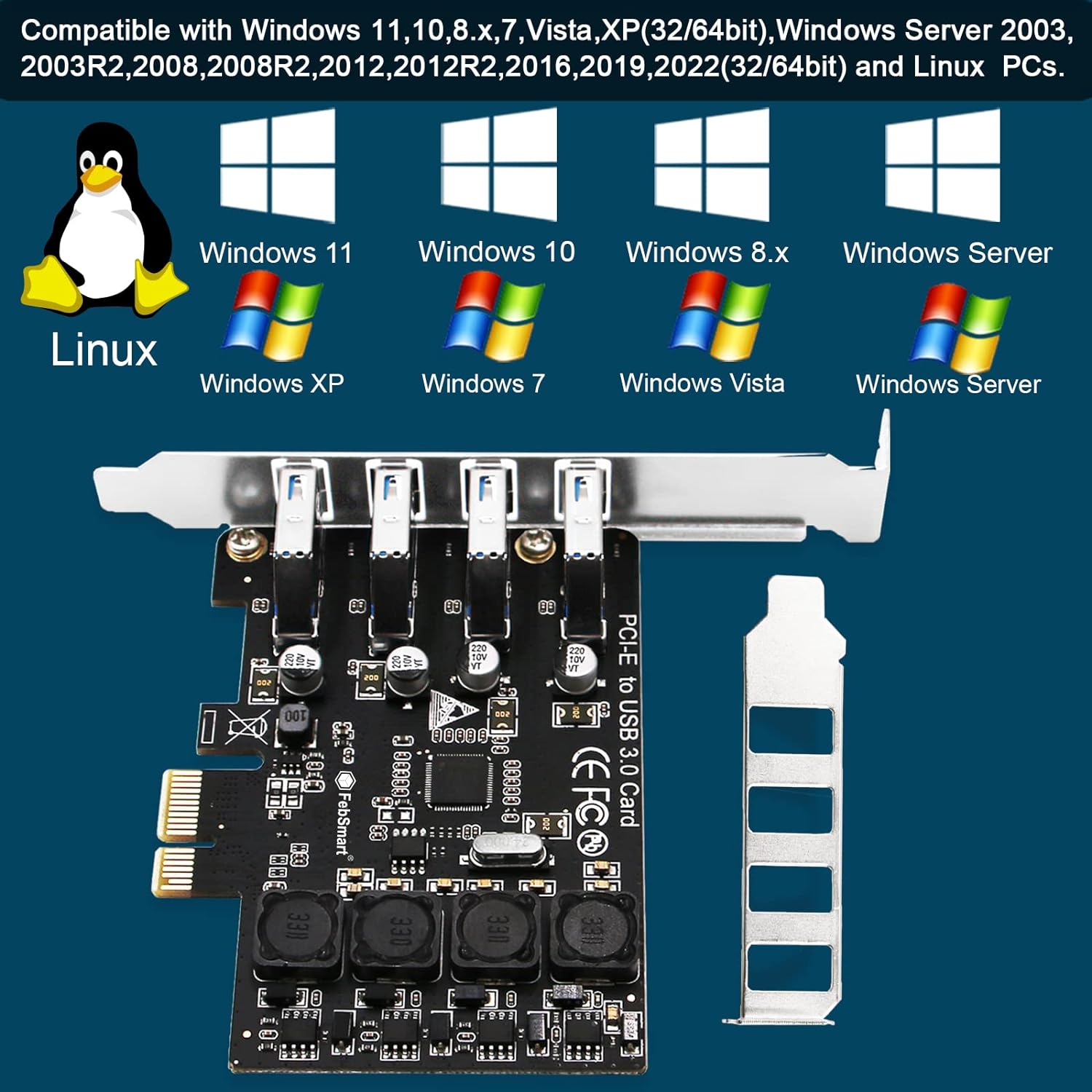 FebSmart PCIE 4-Ports Super Fast 5Gbps USB 3.0 Expansion Card for Windows Server XP Vista 7 8 8.1 10 (32/64bit) Desktop PC-Build in Self-Powered Technology-No Need Additional Power Supply (FS-U4L-Pro)