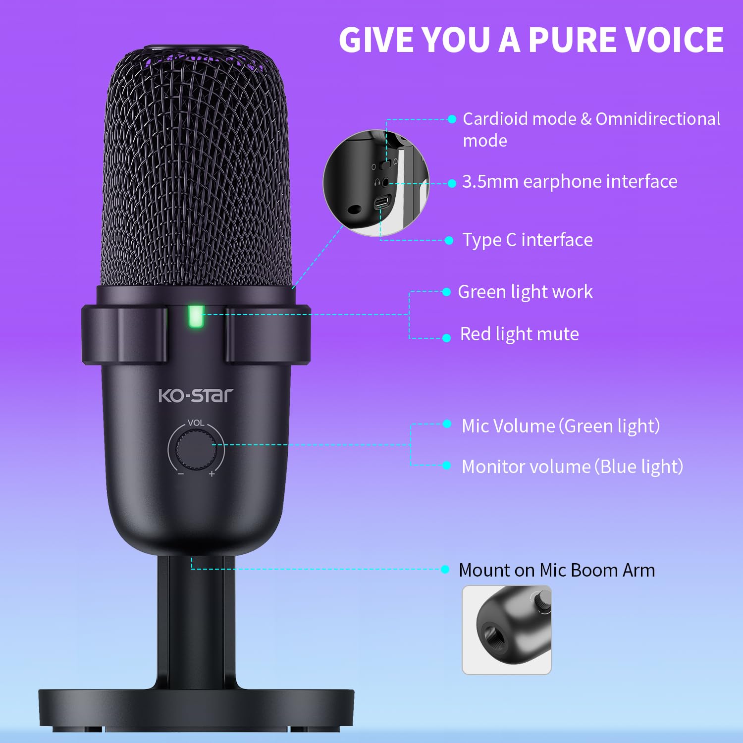 KO-STAR Gaming USB Microphone，PC Computer Mic with 2 Polar Patterns for Podcast Streaming Conference Recording YouTube, Pop Filter,Shock Mount,Gain knob & Monitoring Jack for Twitch, Discord, PS5/PS4