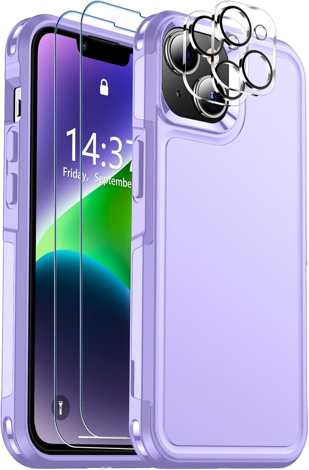 SPIDERCASE for iPhone 14 Case, [15 FT Military Grade Drop Protection][Non-Slip] [2+Tempered Glass Screen Protectors][2+Tempered Camera Lens Protectors] Heavy Duty Shockproof Case, Light Purple