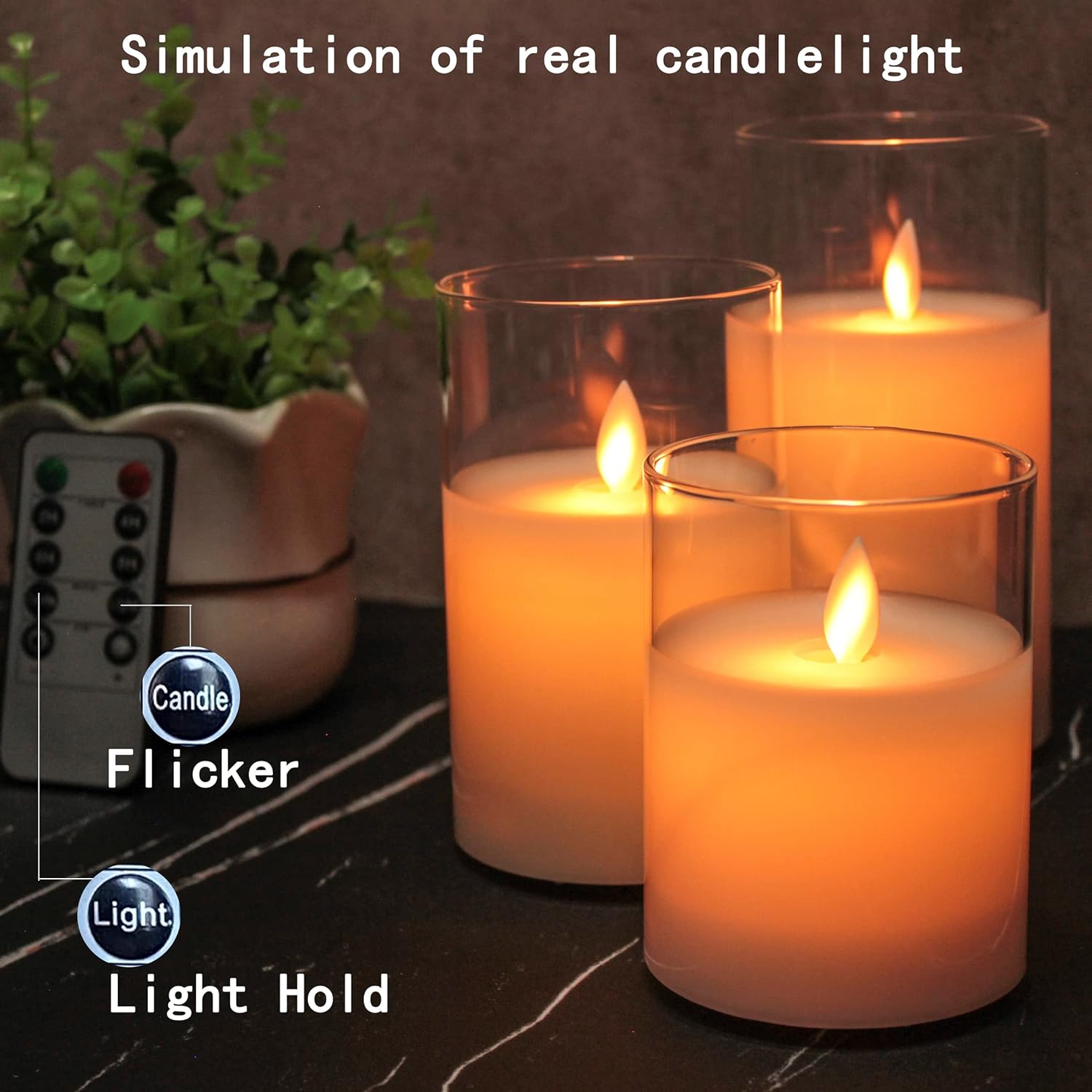 LEDHOLYT Flameless Candle Set, Flickering LED Pillar Candle with Remote Control and Timer, Upgraded Swing Wick, Built-in Battery Rechargeable Clear Glass Electronic Candles, Set of 3