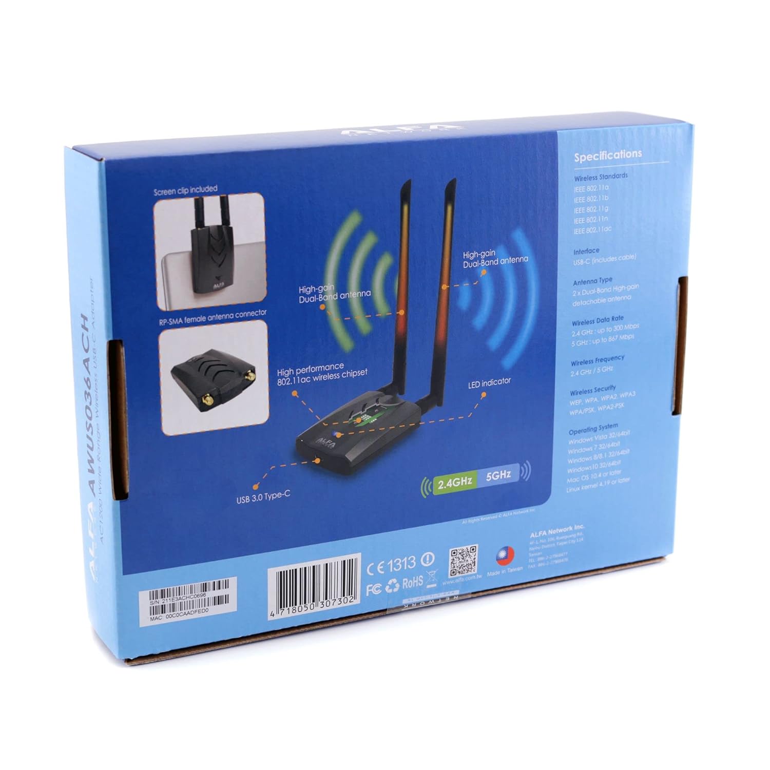 ALFA Network Long-Range Dual-Band AC1200 Wireless USB 3.0 Wi-Fi Adapter w/2x 5dBi External Antennas - 2.4GHz 300Mbps/5GHz 867Mbps - 802.11ac & A, B, G, N