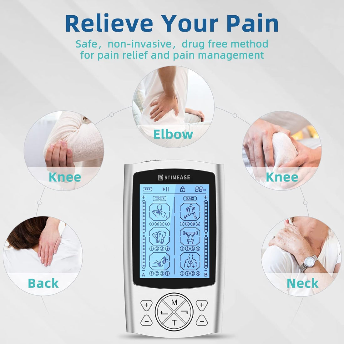 Stimease TENS Unit Muscle Stimulator, 24 Modes Dual Channel Rechargeable TENS EMS Machine Electronic Pulse Massager Shock Therapy for Natural Pain Relief with 20 Electrode Pads