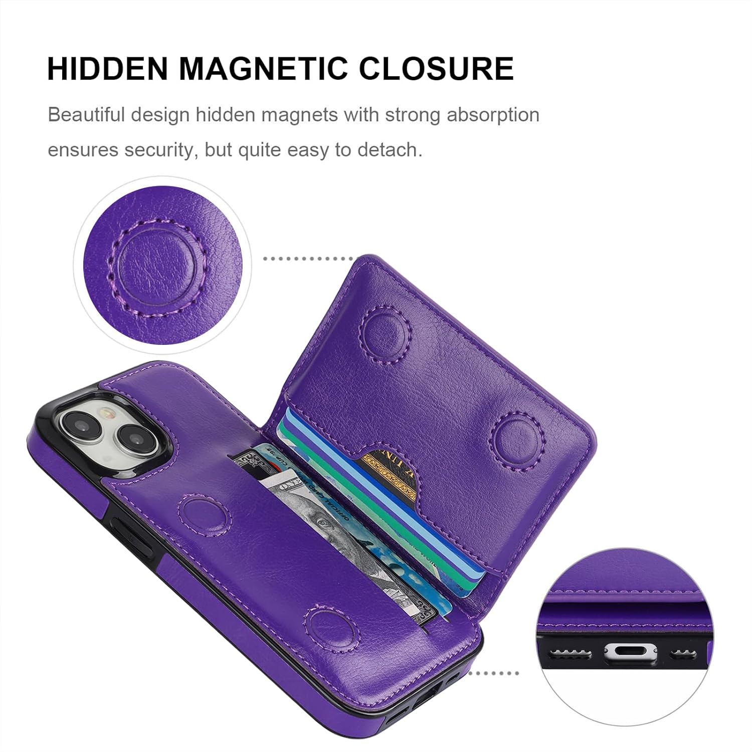 KIHUWEY Compatible with iPhone 15 Wallet Case Credit Card Holder, Premium Leather Kickstand Flip Hidden Magnetic Clasp Durable Shockproof Protective Cover for iPhone 15 6.1 inch (Dark Purple)