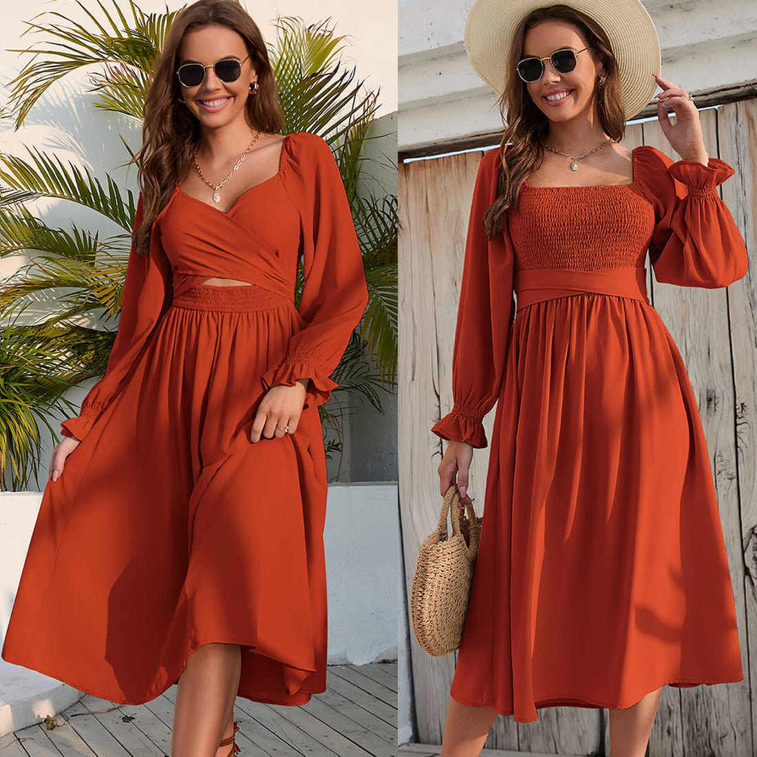 Women Tie Back Long Puff Sleeve Dress Sage Ruffle Wrap Reversible Flowy Casual Midi Dress with Pocket for Party Wedding Beach