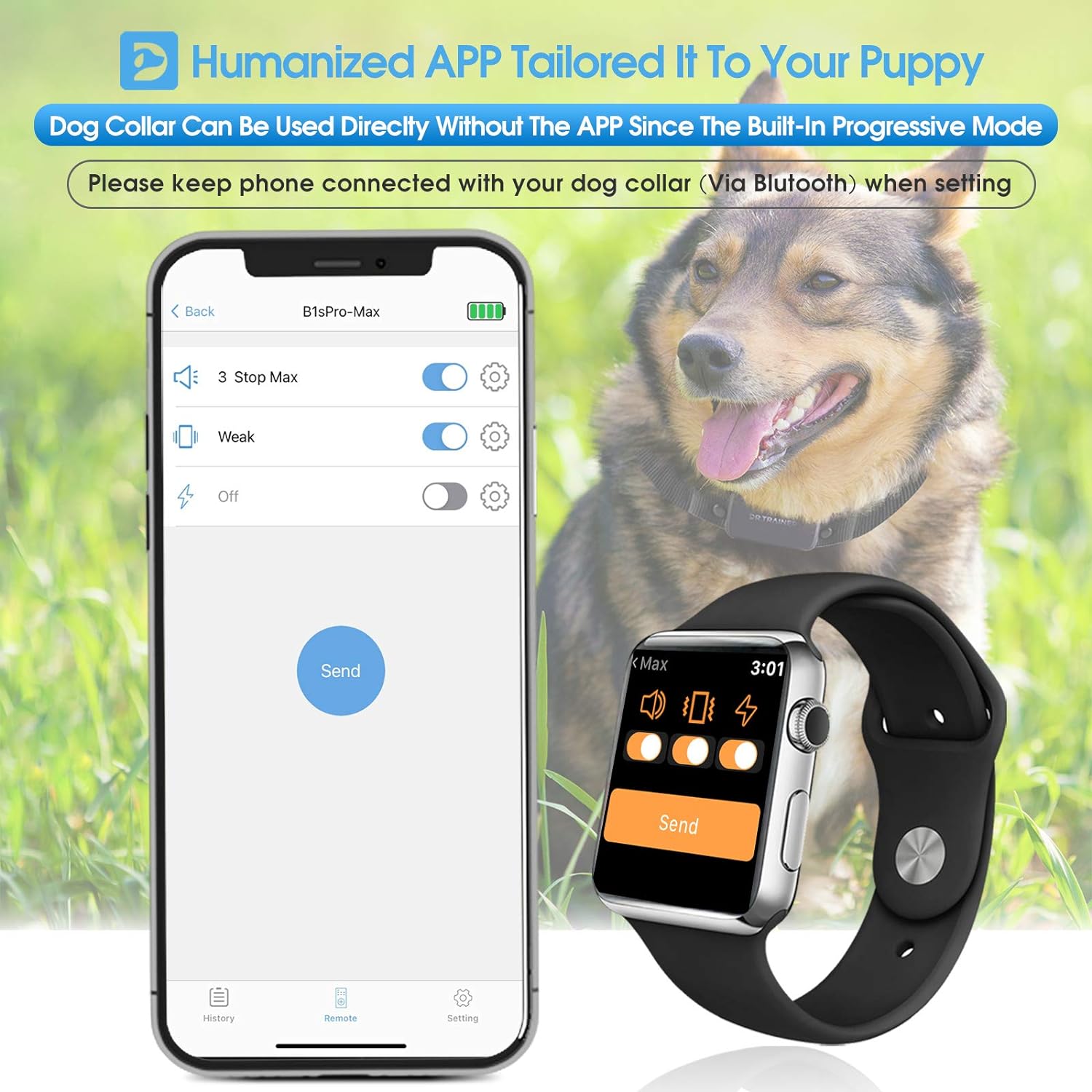 Dr.Trainer B1sPro Bark Collar APP&Watch Control, IP68 Waterproof Dog Training Collar with Smart Progressive Correction & Barking Report & Custom Sound, 0~99 Static Level Rechargeable Anti Bark Collar