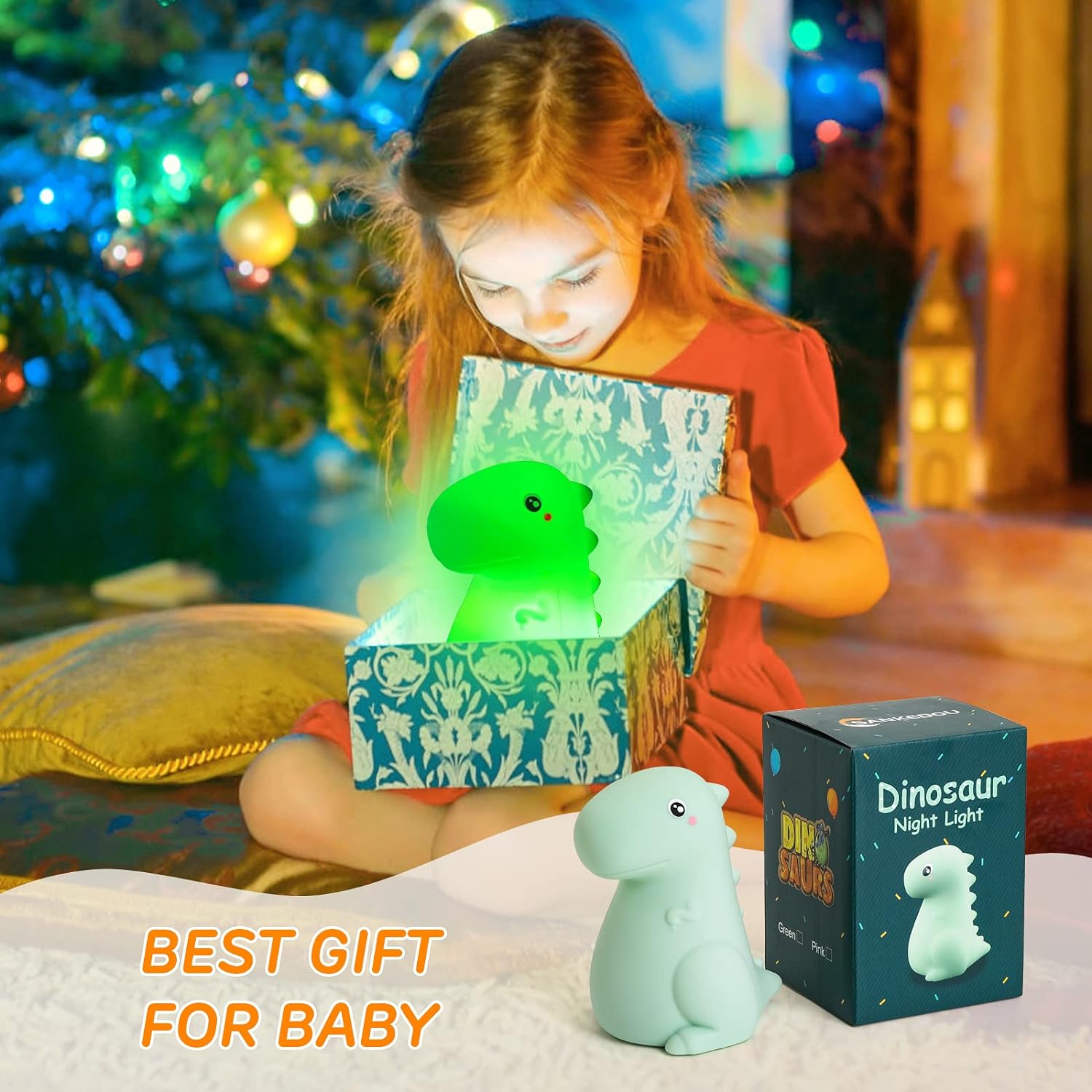 SANKEDOU Dinosaur Night Light for Kids, Touch Sensor Silicone 7 Colors Changing Room Decor for Boys Girls Light, Rechargeable Baby Mood Light Dinosaur Lamp, Cute Bedside Lamp Dinosaur Gifts (Green)