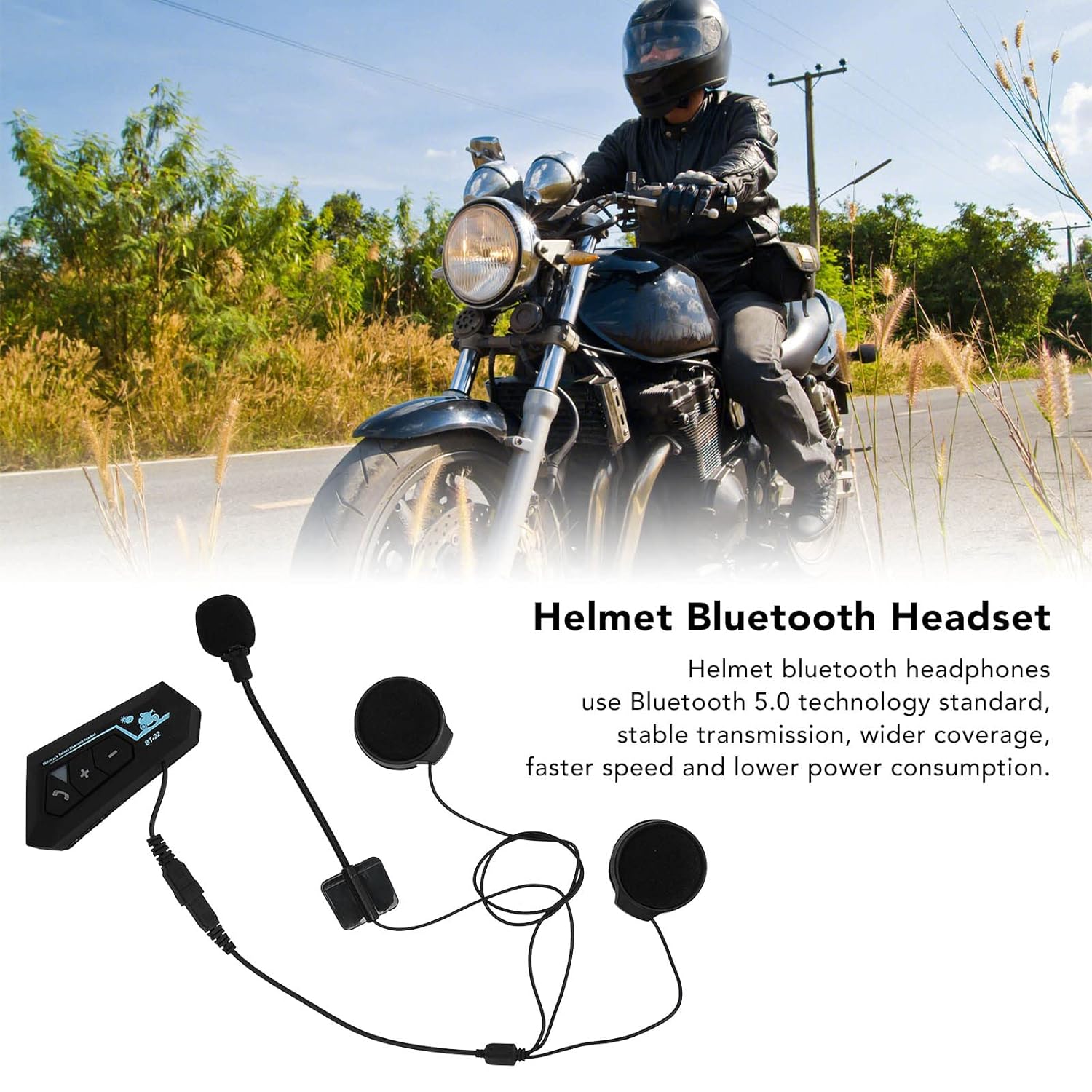 Bluetooth Headset for Helmet, BT22 Motorcycle Helmet Earphones 820 mAh Battery Automatic Response Noise Reduction Compatible with Intercom Connection Helmet Headset