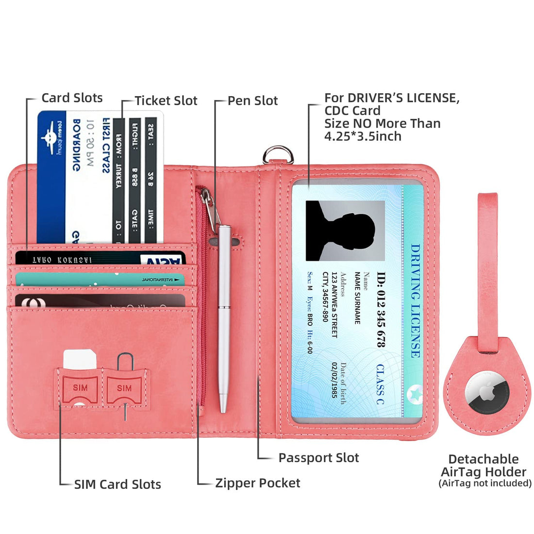 WALNEW AirTag Passport Holder and Vaccine Card Holder Combo, RFID Blocking Travel Passport Wallet with Vaccine Card Protector Slot and Airtag Protective Case, Dark Pink