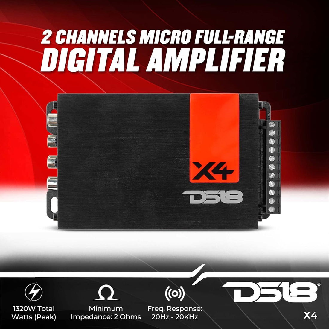 DS18 X4 Ultra Compact Amplifier - 4 Channel, Full Range, Class D, 1400 Watts - Ultra Small Size for Easy Installation on Many Applications