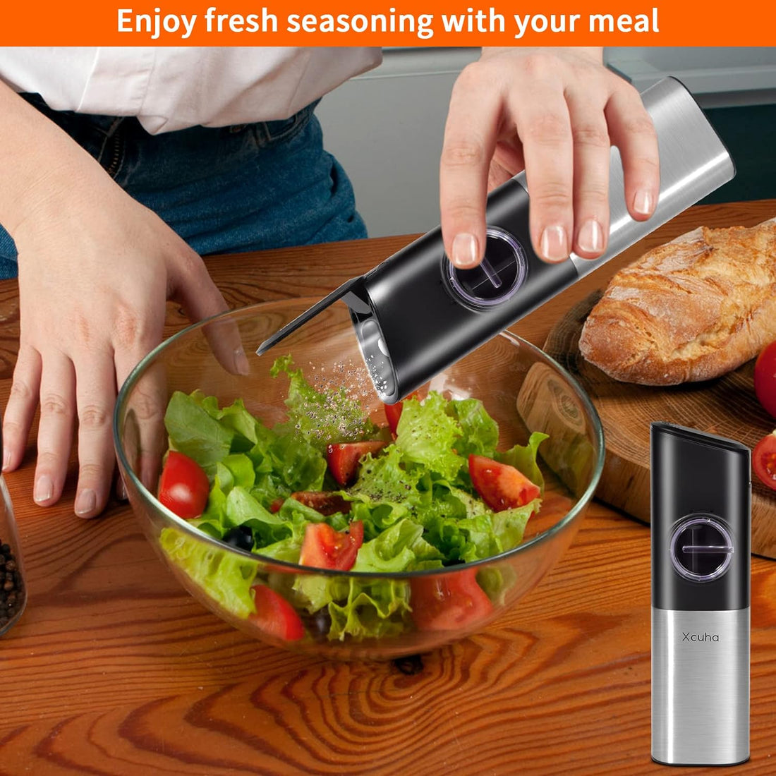 Electric Salt and Pepper Grinder Mill Set: Gravity Automatic Spice Peppercorn Shaker Rechargeable Base Adjustable Coarseness Refillable One Hand Operated With LED light Auto Dust Cover Safety Switch