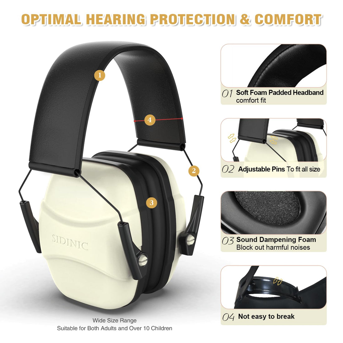 ucho 34dB Slim Noise Shooting Ear Protection - Special Designed Ear Muffs Lighter Weight & Maximum Hearing Protection (White)