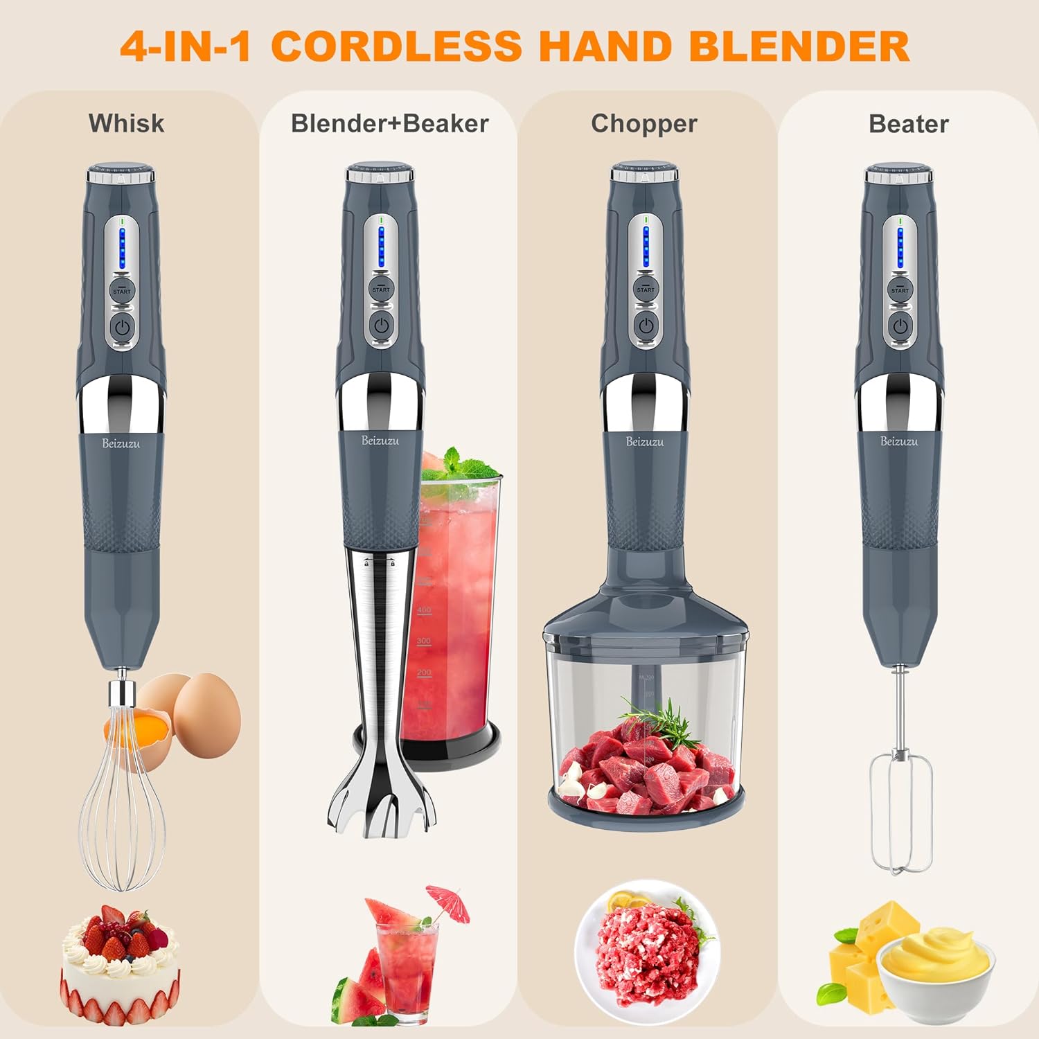 Cordless Immersion Blender: 4-in-1 Rechargeable Cordless Hand Blender, 21-Speed & 3-Angle Adjustable with Chopper, Beaker, Whisk, Beater for Milkshakes | Smoothies | Soup Baby Food (Grey)