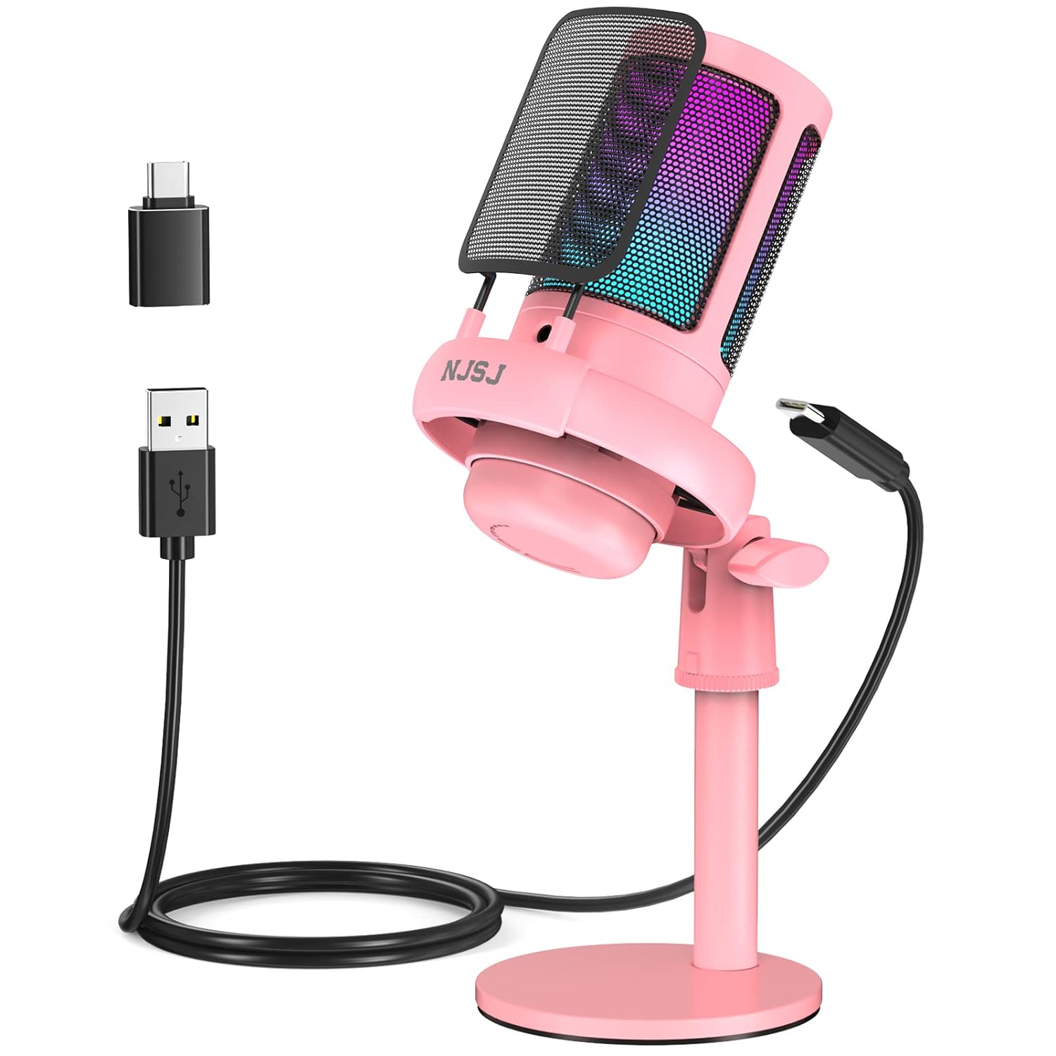 NJSJ USB Microphone for PC, Gaming Mic for PS4/ PS5/ Mac/Phone,Condenser Microphone with Touch Mute, RGB Lighting,Gain knob & Monitoring Jack for Streaming,Podcasting (with Desktop Stand, Pink)