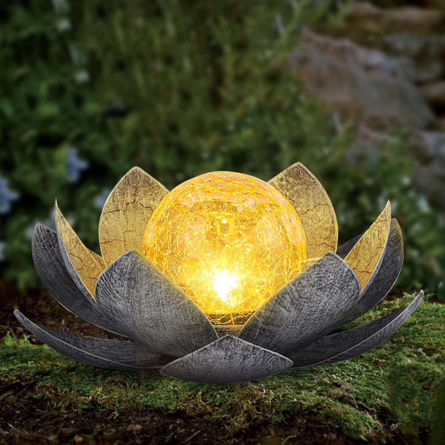 AIINY Garden Solar Light Outdoor , Amber Crackle Globe Glass Lotus Decoration , Waterproof Metal LED Flower Lights for Patio,Lawn,Walkway,Tabletop,Ground