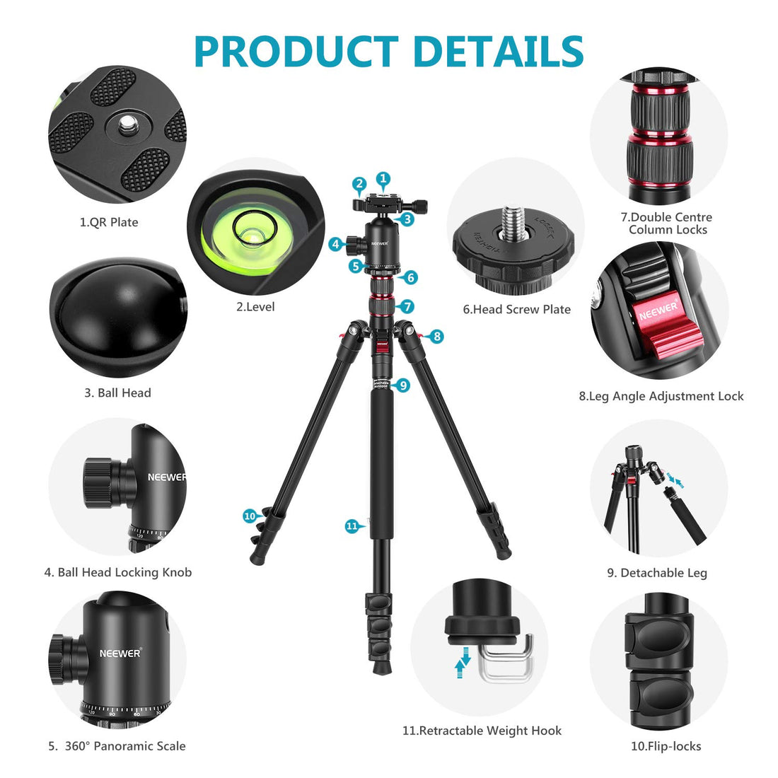 Neewer 77-Inch Tripod, Camera Tripod for DSLR, 2-in-1 Compact Aluminum Tripod Monopod with 360 Degree Ball Head, 2 Center Axis, QR Plate and 8 Kilograms Load for Travel and Work, Carry Bag Included