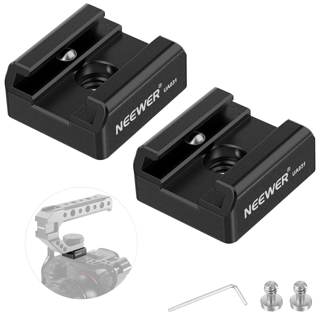 NEEWER 2 Pack Cold Shoe Mount Adapter with 1/4" Screws for Flash LED Light Monitor Microphone, Aluminum Shoe Mount with Anti Twist Pins Non Slip Pads Compatible with SmallRig Cage Top Handles, UA031