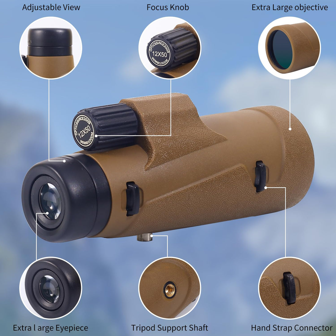 CLEVERISH 12x50 HD Monocular Telescope with Smartphone Adapter Tripod monocular case，BAK-4 Prism, Monocular FMC Lens ，Suitable for Bird Watching Hunting Camping Traveling Wildlife Scenery Hiking