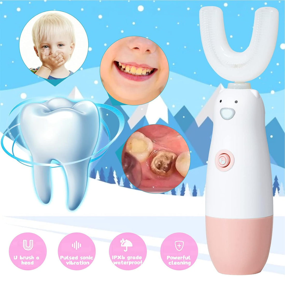 Meqtpomy Kids Electric Toothbrushï¼Å’U Shaped Toothbrush Waterproof Ultrasonic Battery Powered 360Ã‚° Cleaning Automatic Toddler Toothbrushes for 3-7 Years Old for Boys Girls Children Giftï¼Ë†Pinkï¼â€°