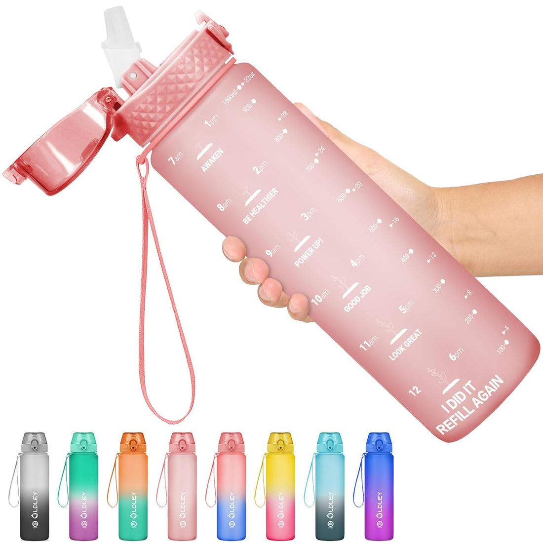 OLDLEY 32 oz Water Bottles with Times to Drink, (Straw lid) Motivational Water Bottle with Time Marker, Leakproof & BPA Free, Drinking Sports Water Bottle for Fitness, Gym & Outdoor (Pink)