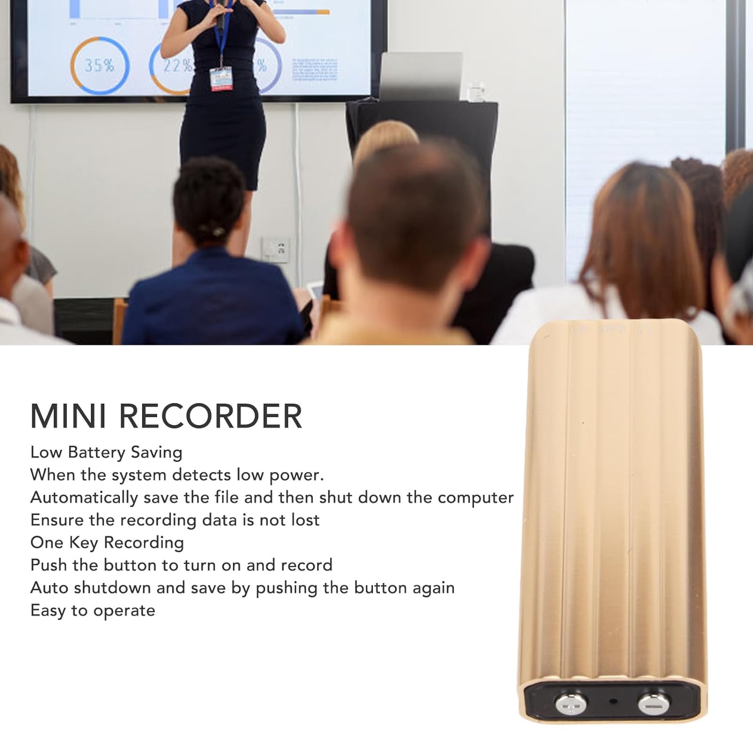 ASHATA Mini Recorder, Portable Digital Voice Recorder, HD Noise Reduction One Key Recording Portable Voice Activated Recorder Small for Gold Class Meetings (8g)
