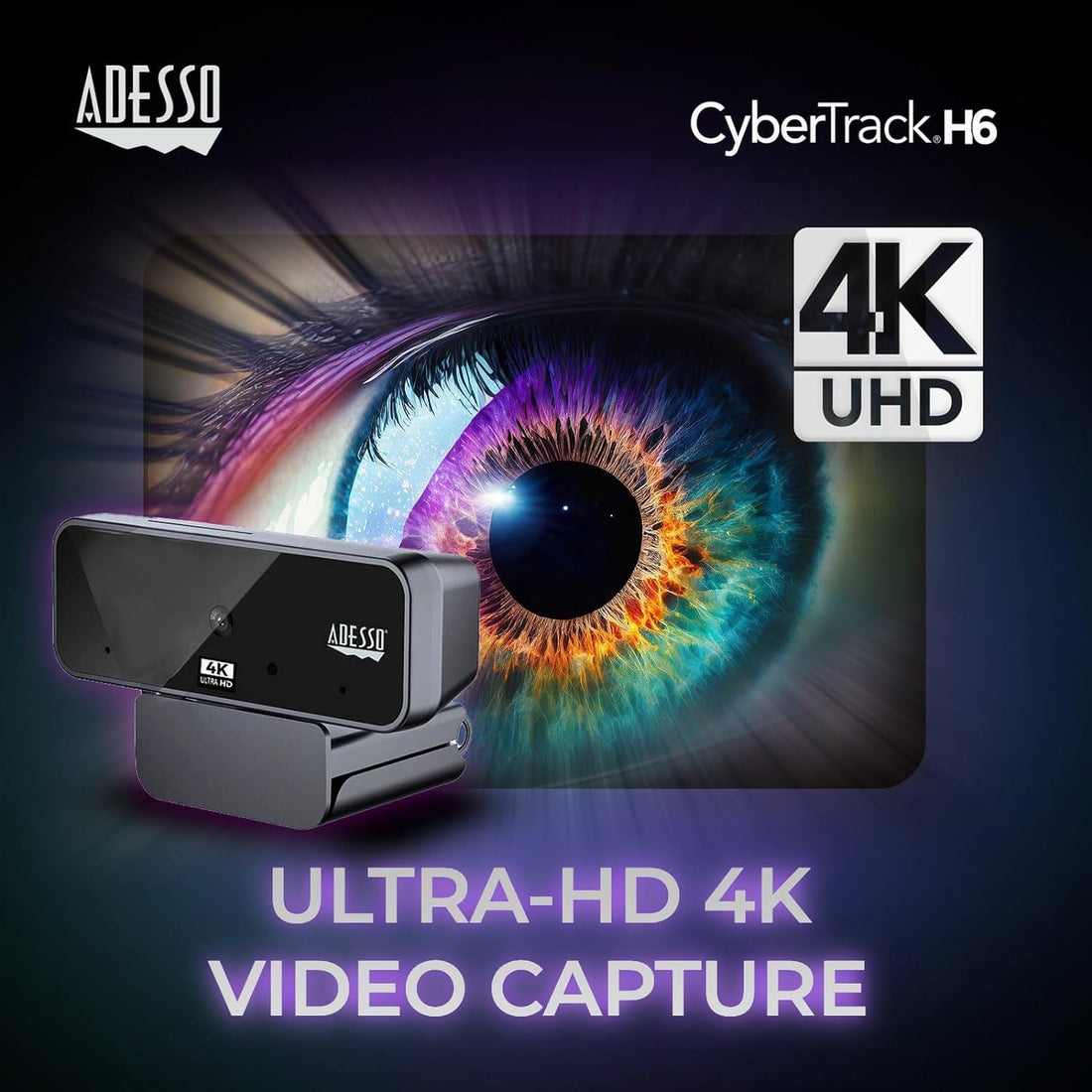 Adesso Cybertrack H6 4K Ultra HD USB Webcam with Built-in Dual Microphone & Privacy Shutter Cover, Black