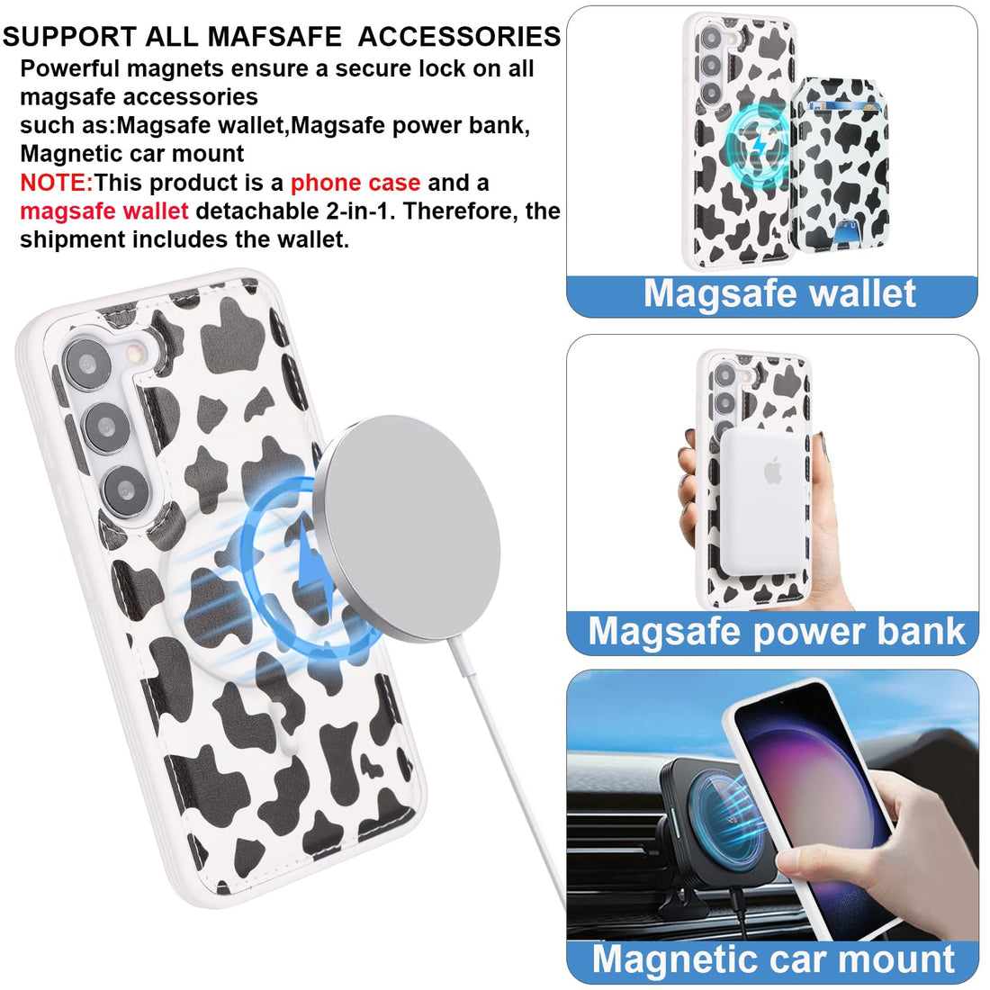 Ｈａｖａｙａ for Samsung Galaxy S23 case Magsafe Compatible Galaxy S23 case with Card Holder for Men Samsung S23 5G Phone case magsafe Compatible Wallet Detachable 2-in-1 Magnetic-Cow Print Black