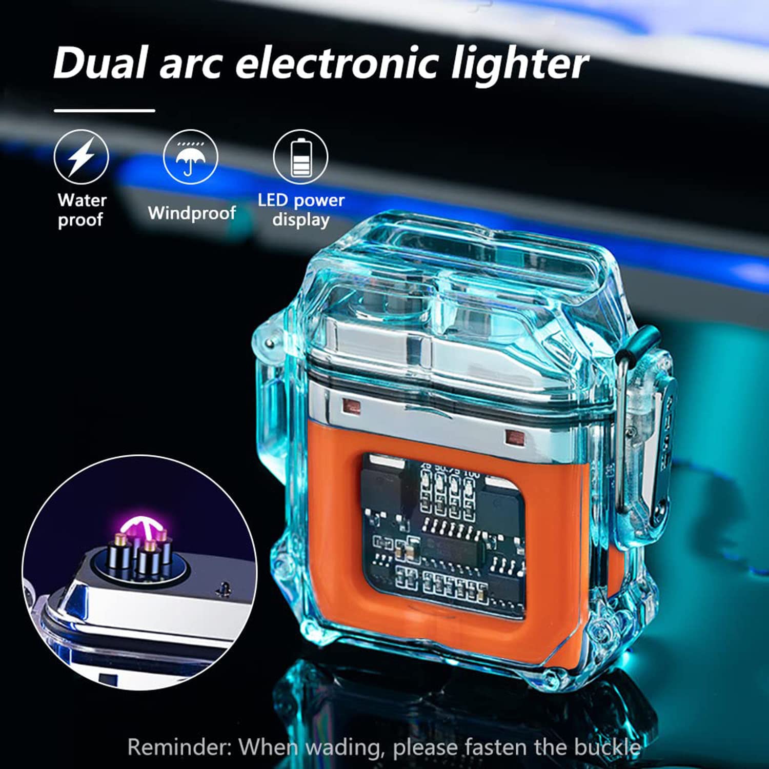 Flameless Electric Lighter Waterproof & Windproof Electric Arc Lighter Plasma Lighter USB Rechargeable Lighter Clear Double Arc Lighter with Power Display Suitable for Travel, Camping (Orange)