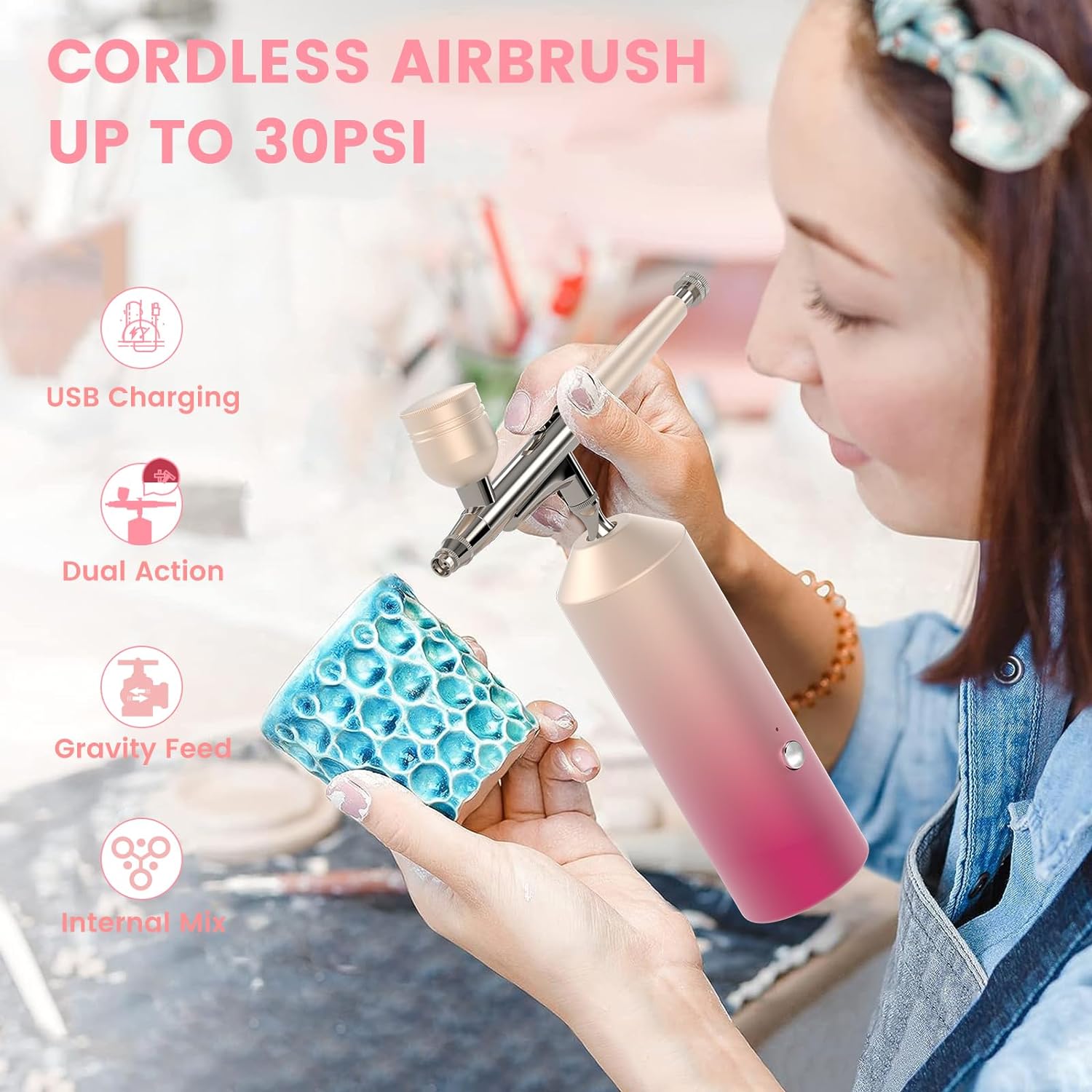 Airbrush Kit, Dual Action Airbrush for Nails, Rechargeable Cordless Airbrush Gun Kit with 0.35mm Tip, 30PSI High Pressure Airbrush for Cake Decorating, Painting, Art Drawing