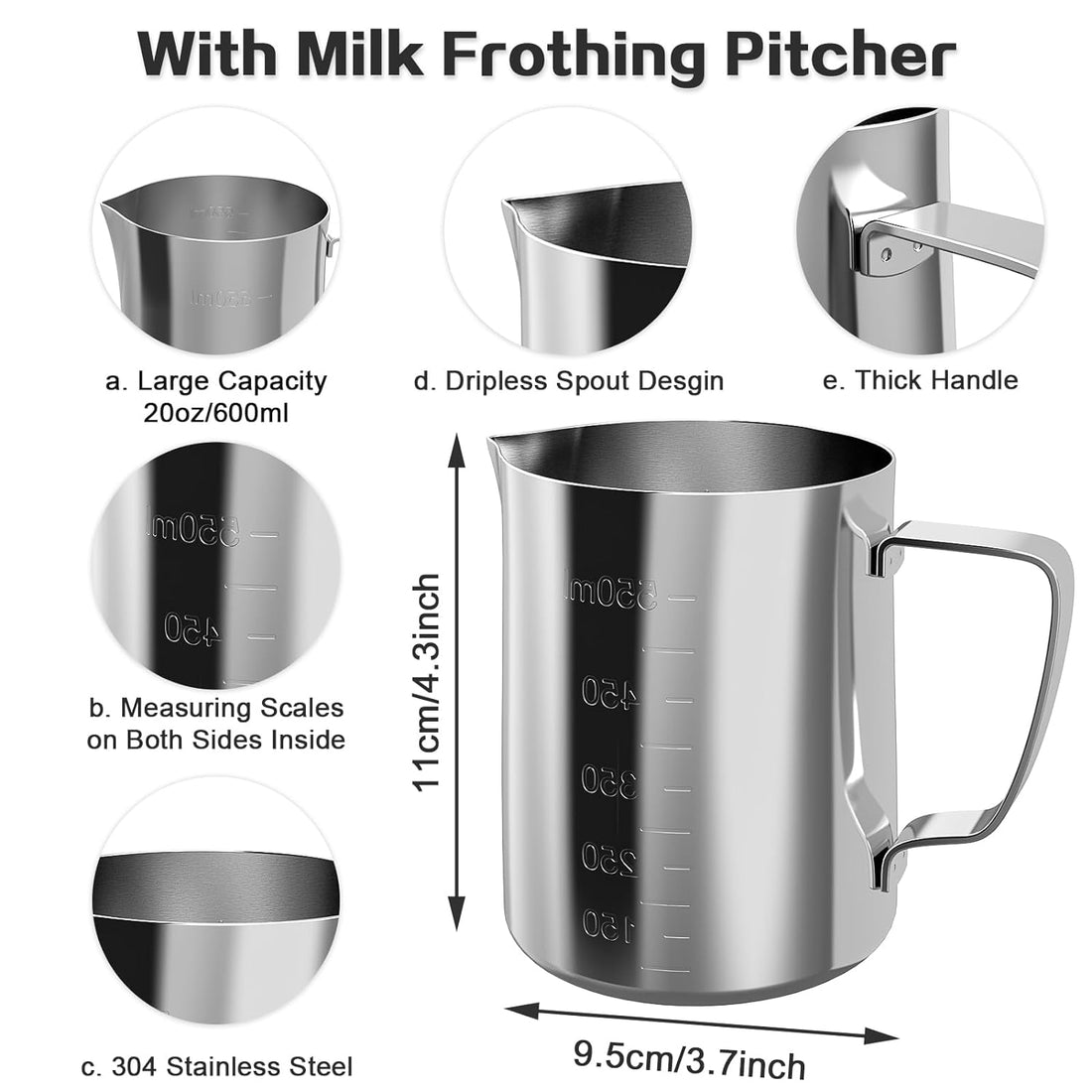 Electric Milk Frother, Maexus Rechargeable Milk Frother Handheld, Milk Foam Maker for Coffee, Cappuccino, Lattes, Matcha, Hot Chocolate, with Milk Frothing Pitcher, Stainless Steel Silver