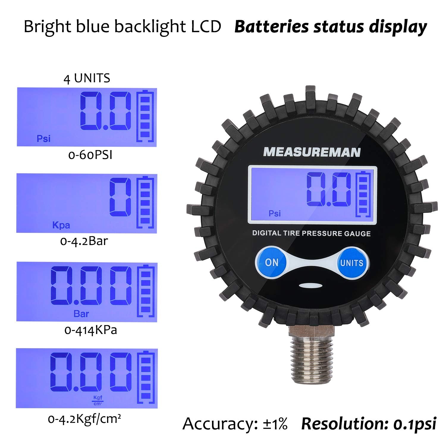 Measureman 2-1/2" Dial Size Digital Air Pressure Gauge with 1/4'' NPT Bottom Connector and Protective Boot, 0-60psi, Accuracy 1%, Battery Powered, with LED Light