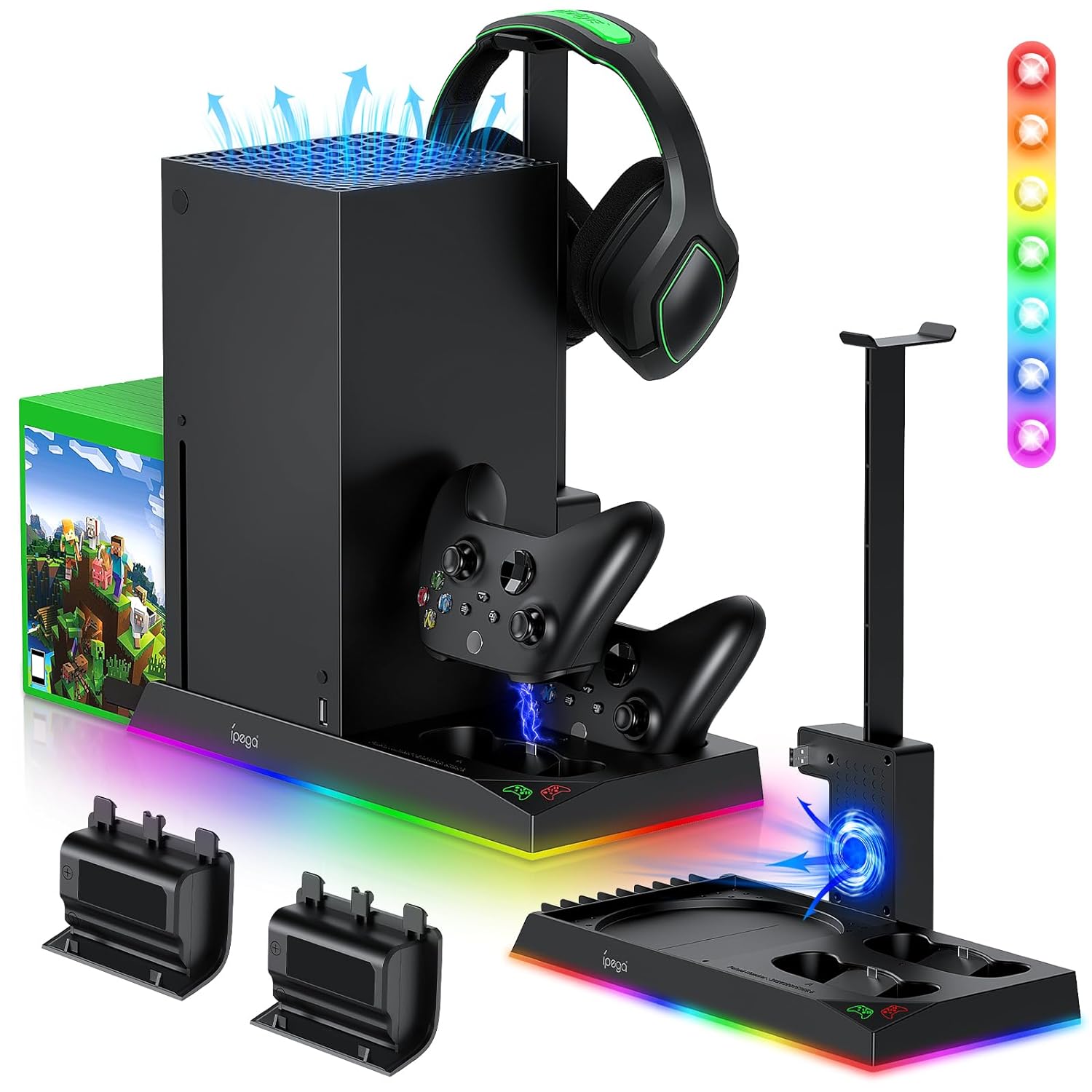 RGB Charging Stand with Cooling Fan for Xbox Series X Console & Controller,Dual Charger Station Cooler System Accessories with 15 RGB Lights,2 x 1400mAh Rechargeable Battery,Headphone stand,Game Discs