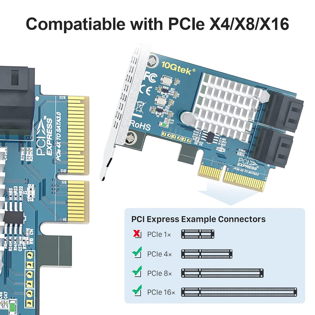 10Gtek PCIe SATA Card 4 Port with 4 SATA Cables and Low Profile Bracket, 6Gbps SATA3.0 Controller PCI Express Expansion Card, X2, Support 4 SATA 3.0 Devices