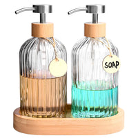 Lorbro Kitchen Soap Dispenser Set, Glass Soap Dispenser with Stainless Steel Pump and Tall Bamboo Tray, Clear Liquid Soap Dispenser, Farmhouse Hand Soap Dispenser for Bathroom, Modern Boho Decor