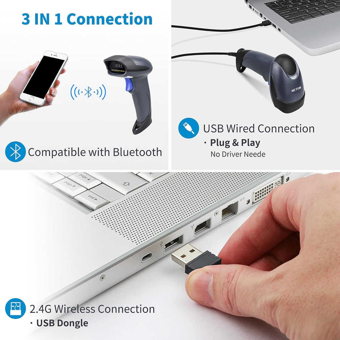 NETUM Wireless 2D QR Barcode Scanner with Stand, 3 in 1 Bluetooth & 2.4GHz Wireless & USB Wired Automatic Bar code Imager Reader Handhold Scanner Gun Compatible for Laptops, Computers, Cashier, POS