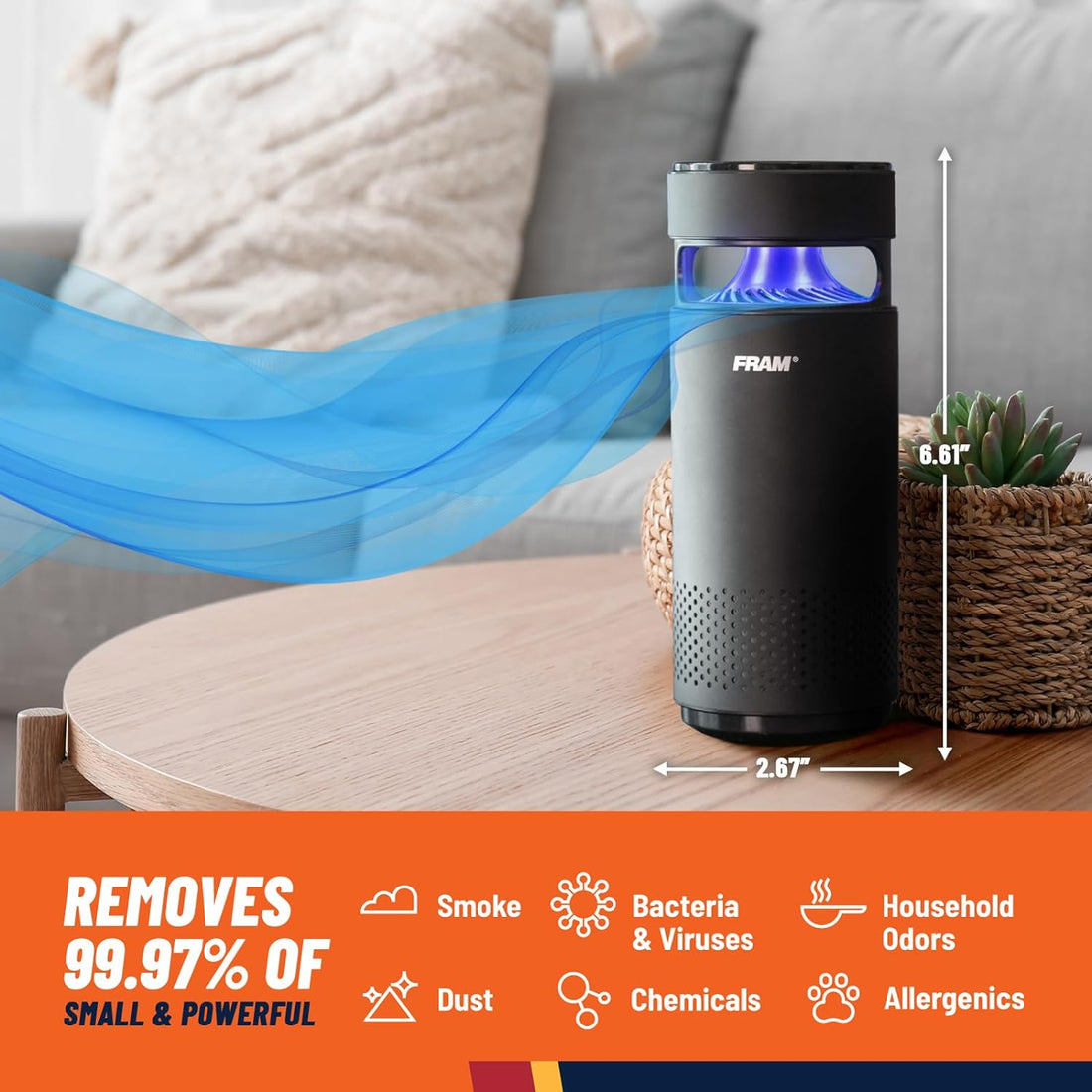 FRAM Portable Air Purifier with H13 HEPA Filtration and UV-C LED Sterilization | Cordless Design for Home, Vehicles, Work, and Travel | Cleans Air of Dust, Smoke, and Other Contaminants | CAP30100