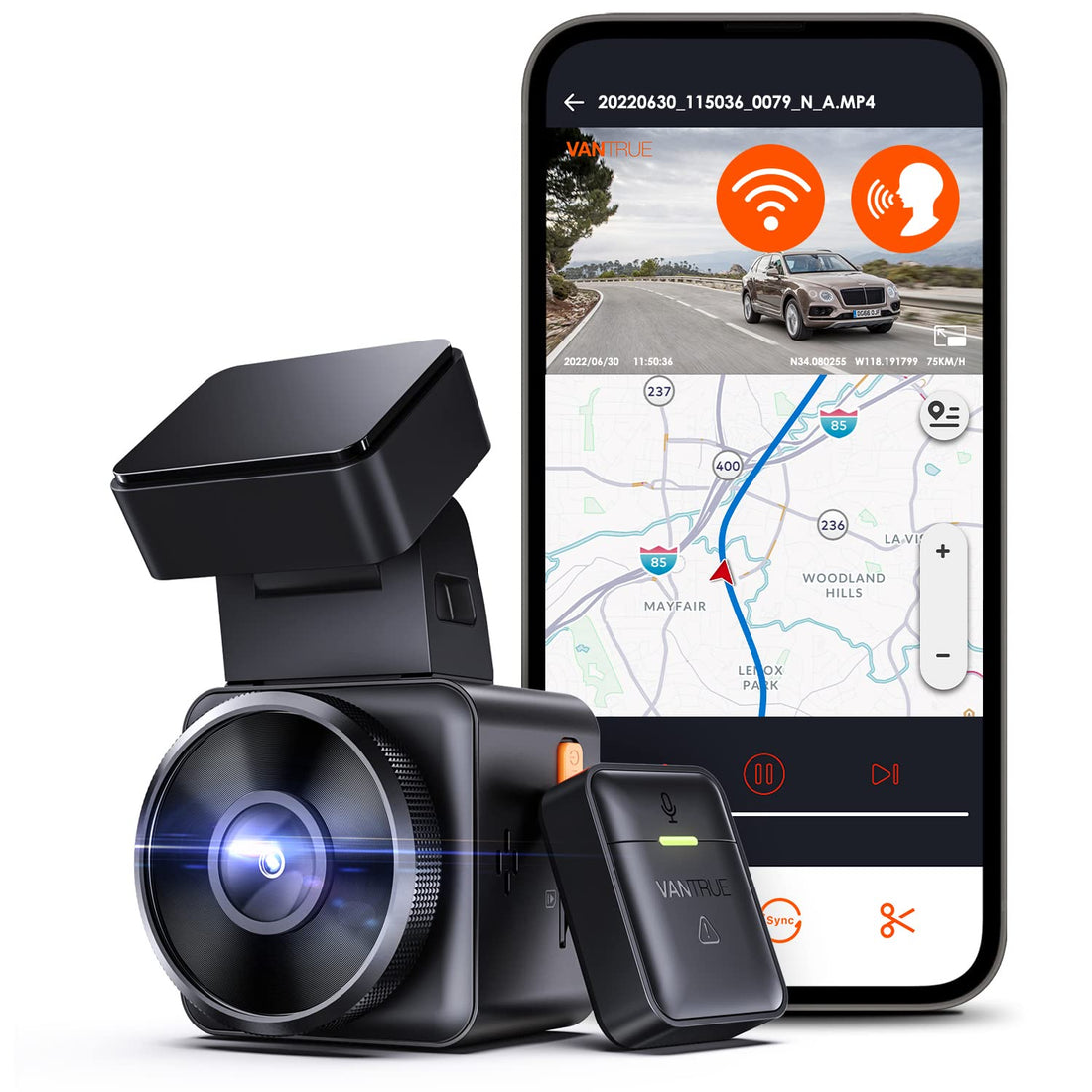 Vantrue E1 2.5K WiFi Mini Dash Cam with GPS and Speed, Voice Control Front Car Dash Camera, 24 Hours Parking Mode, Night Vision, Buffered Motion Detection, APP, Wireless Controller, Support 512GB Max