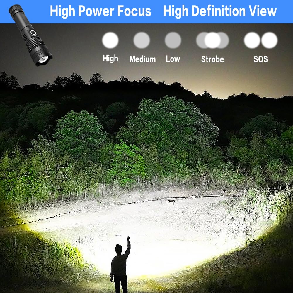LOVME Rechargeable LED Flashlights 10000 Lumens, High Power Led Flashlight, XHP50 Powerful Tactical Flashlight with Zoomable, 5 Modes, IPX4 Waterproof, Flashlight for Camping, Hiking, Emergencies