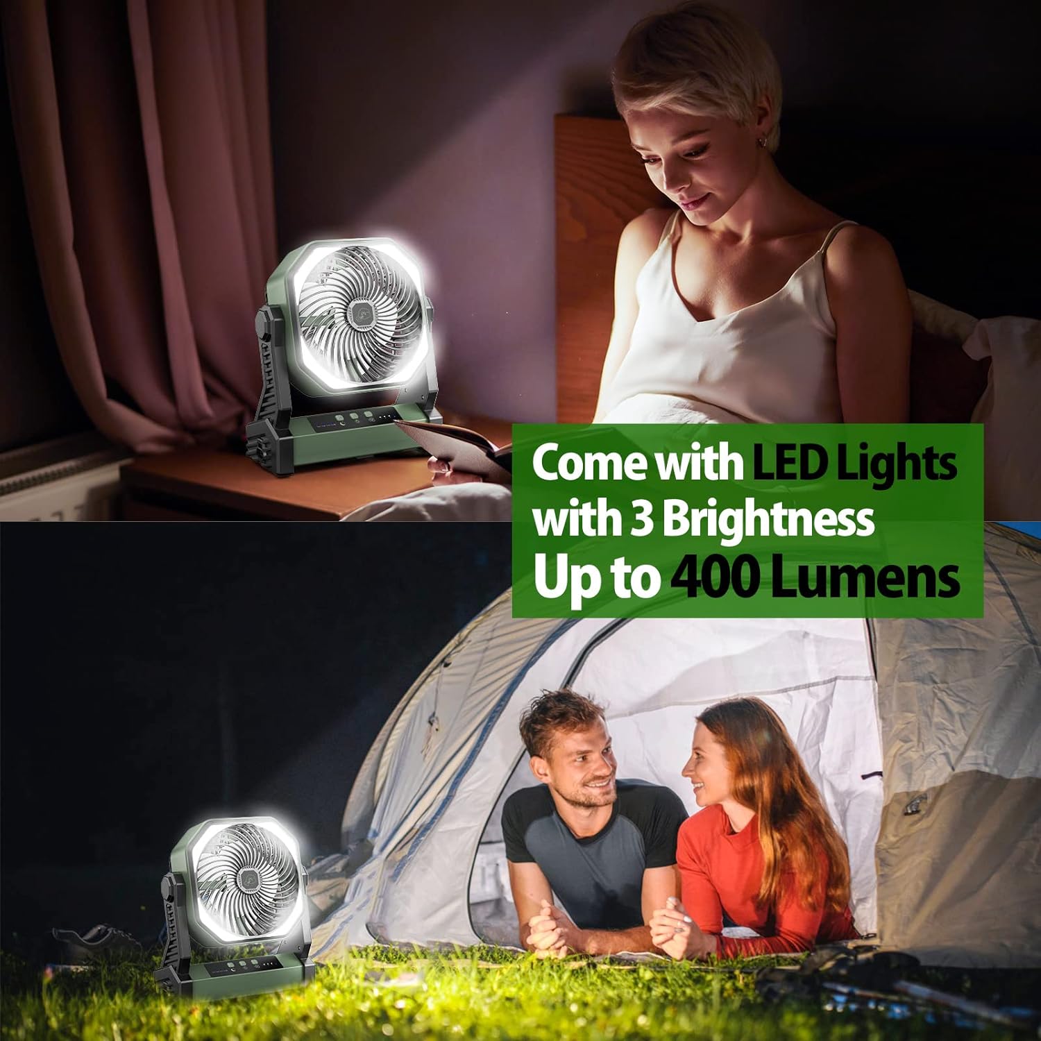 AMACOOL 20000mAh Camping Fan with LED Lantern, 8 inch Rechargeable Battery Operated USB Fan with Hook for Tent Car Travel Jobsite Fishing Outdoor Hurricane Power Outage