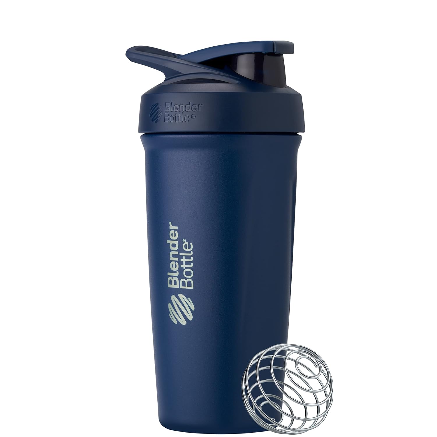 BlenderBottle Strada Shaker Cup Insulated Stainless Steel Water Bottle with Wire Whisk, 24-Ounce, Navy