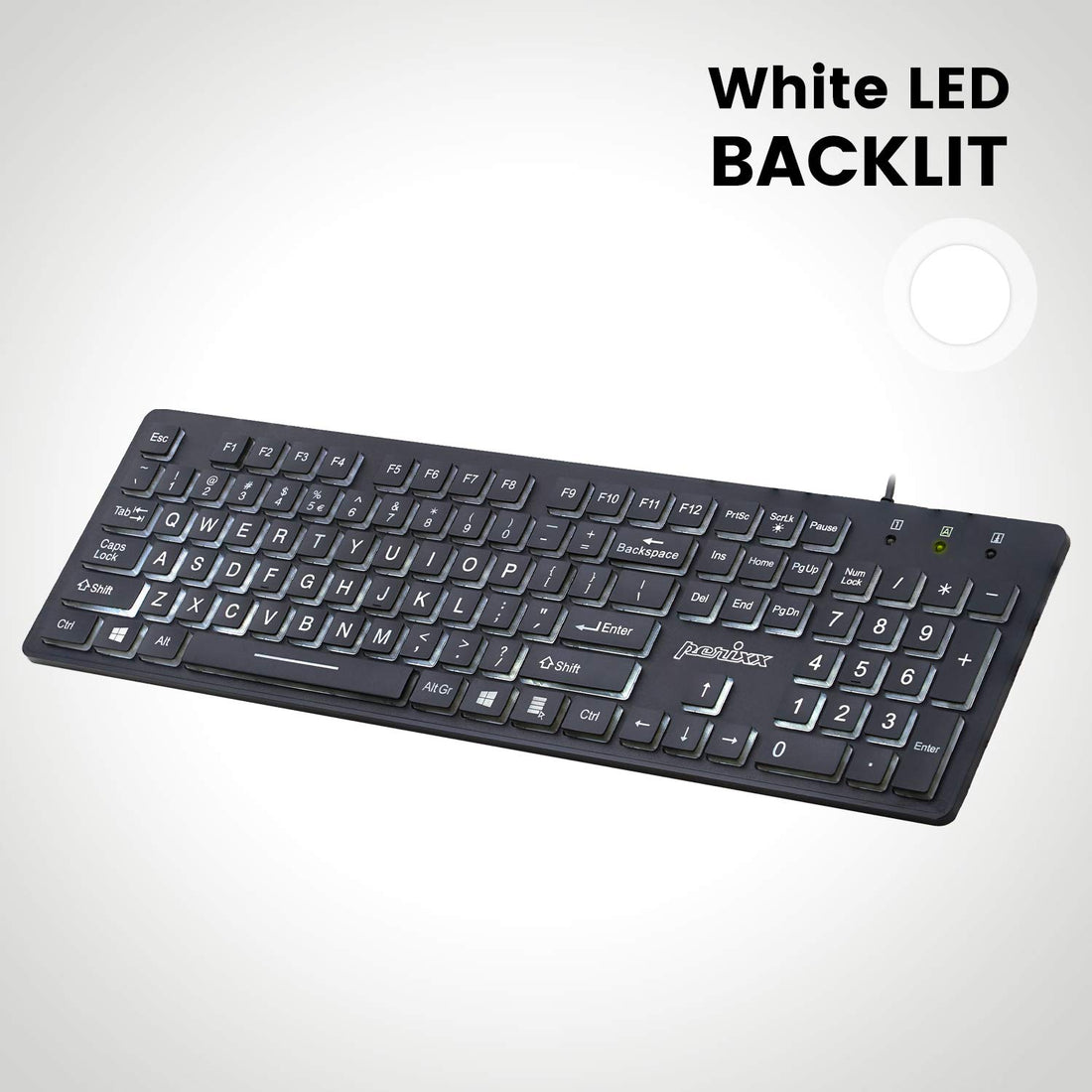 Perixx PERIBOARD-317 USB Wired Illuminated Keyboard - White LED Backlit - 17.32"x5.08"x1.06" Dimension