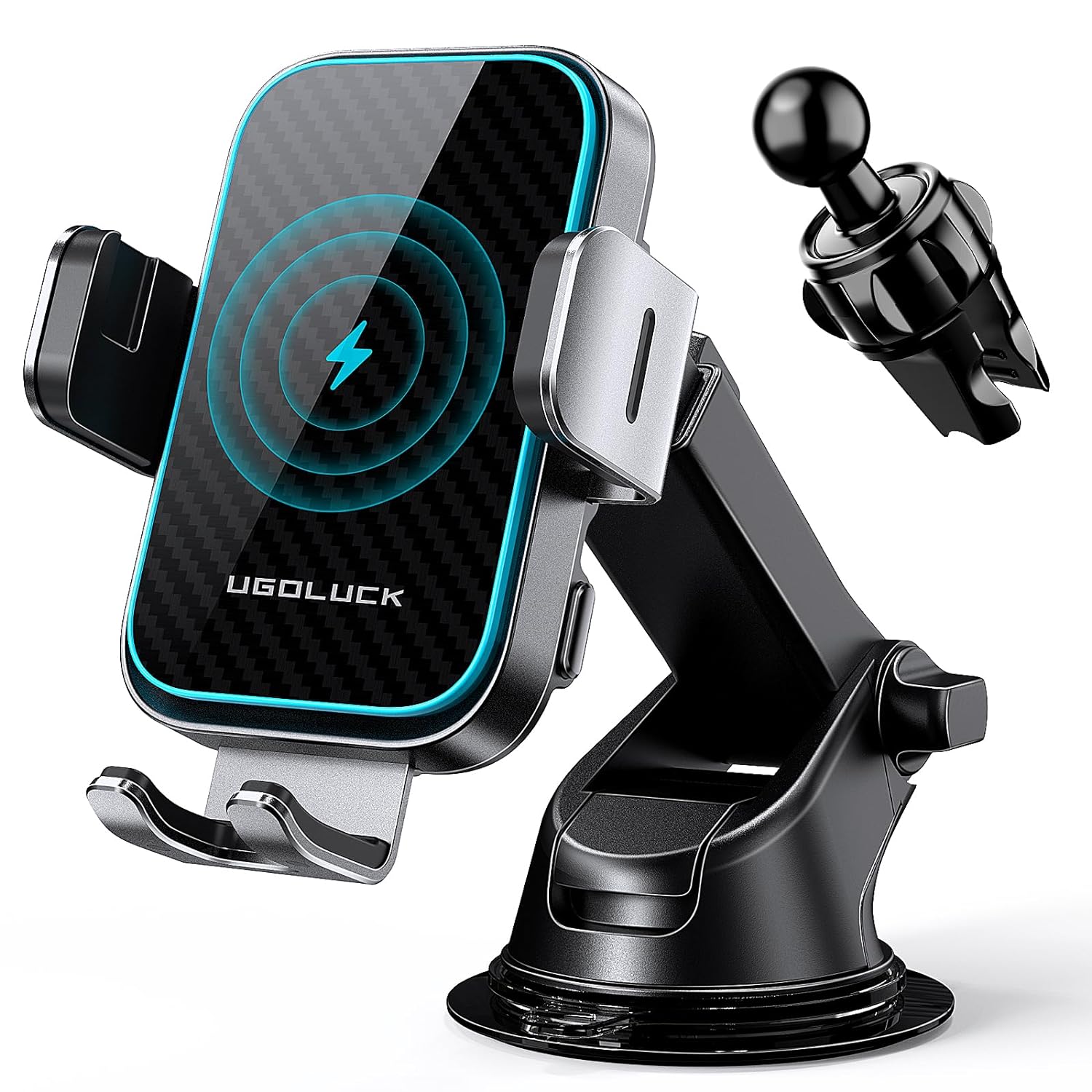 UGDLUCK Wireless Car Charger, [7 Colored RGB Backlit] 15W Fast Charging Auto-Clamping Car Charger Car Phone Mount Holder fit Dash Windshield Air Vent for iPhone 15/14/13/12, Samsung S23/S22/S21,etc