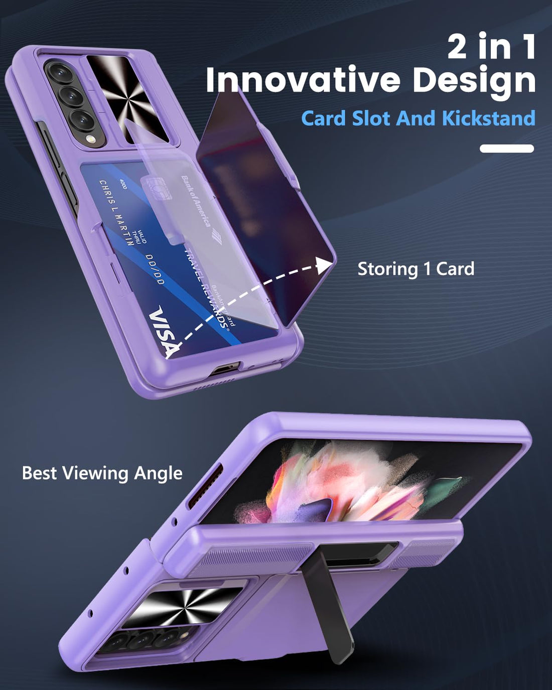 Viaotaily for Galaxy Z Fold 3 Case with Kickstand & Hinge Protection & Screen Protector, Built-in Credit Card Holder & Sliding Camera Lens Cover, Sturdy Wallet Phone Case for Samsung Z Fold 3, Purple