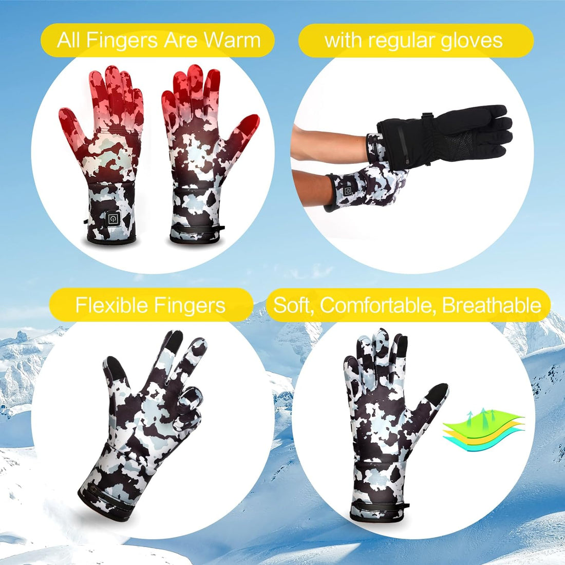 Heated Glove Liners for Men Women, Rechargeable Hand Warmers, Thin Camouflage Touchscreen Battery Electric Gloves Liner