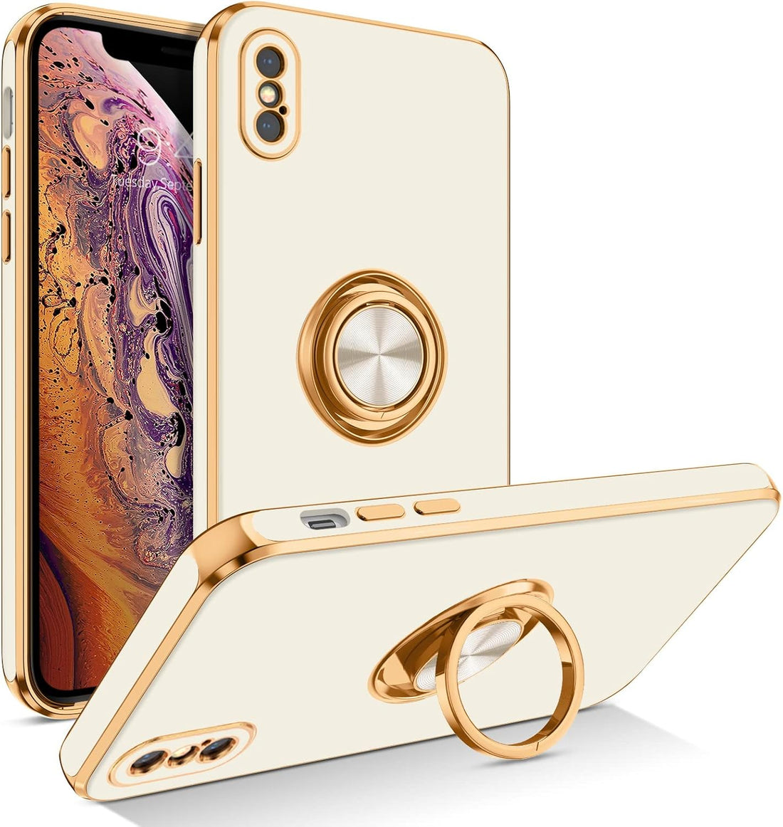 BENTOBEN iPhone Xs Max Case, Phone Case iPhone XsMax, Slim Fit Sparkly Kickstand Ring Holder Design Shockproof Protection Soft TPU Bumper Drop Protective Girl Women Boy iPhone Xs Max Cover, White/Gold