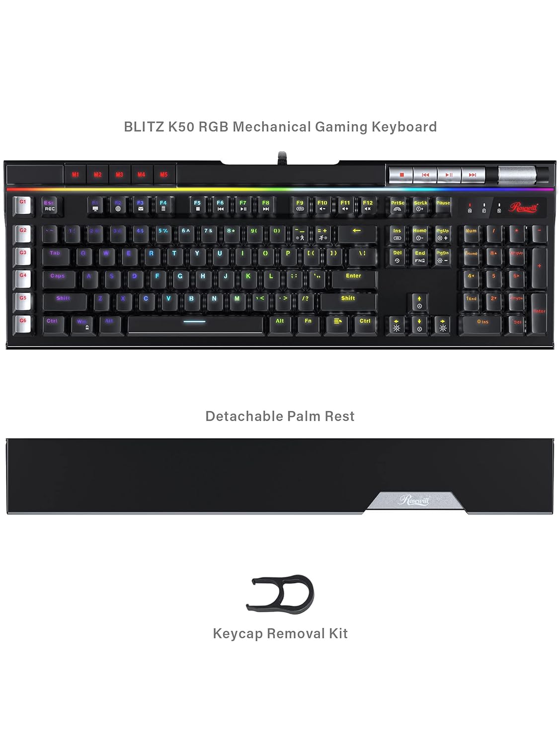 Rosewill Blitz K50 RGB BR Wired Gaming Tactile Mechanical Keyboard, 14 RGB Backlight Anti-Ghosting 6 Macro Keys, Dedicated Media Controls